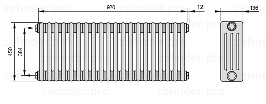 Схема (чертеж) Радиатор Zehnder Charleston 4045/20 №1270 Белый глянцевый RAL 9016